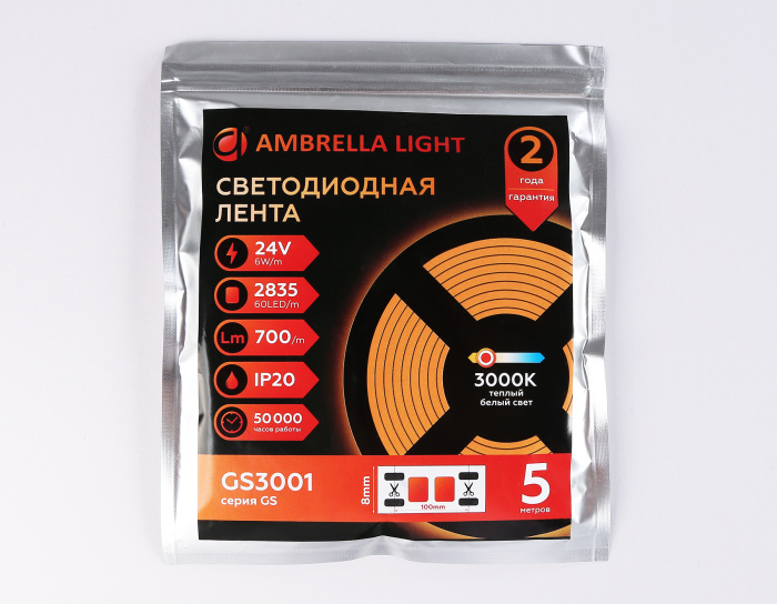Светодиодная лента Ambrella Light GS3001 2835 60Led /6W m/ 24V IP20 3000K 5m Ambrella light GS3001