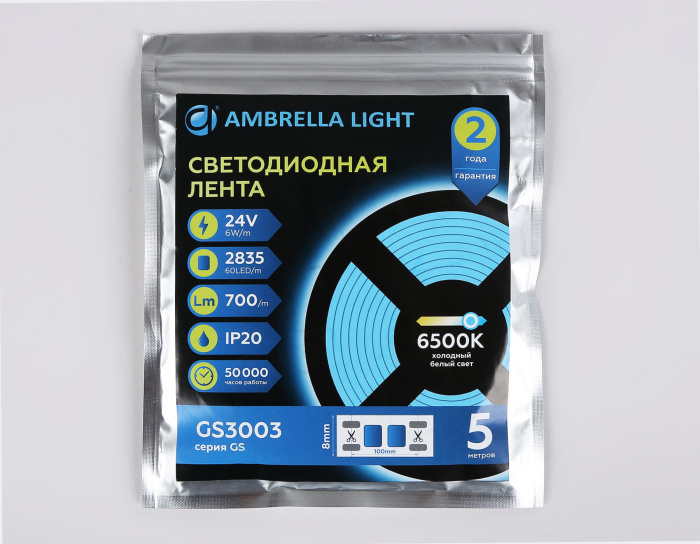Светодиодная лента Ambrella Light GS3003 2835 60Led /6W m/ 24V IP20 6500K 5m Ambrella light GS3003