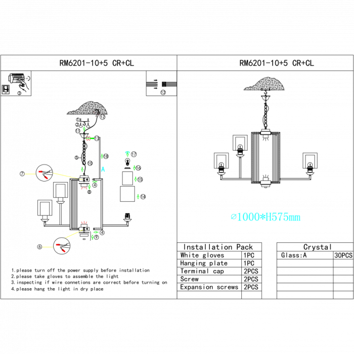 Светильник подвесной iLamp King RM6201-10+5 CR+CL
