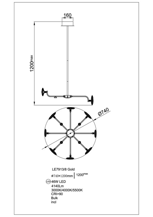 Люстра на штанге Leon Iris LE7913/8G Gold