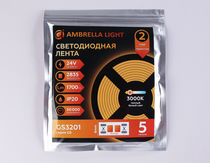 Светодиодная лента Ambrella Light GS3201 2835 180Led /14.4W m/ 24V IP20 3000K 5m Ambrella light GS3201