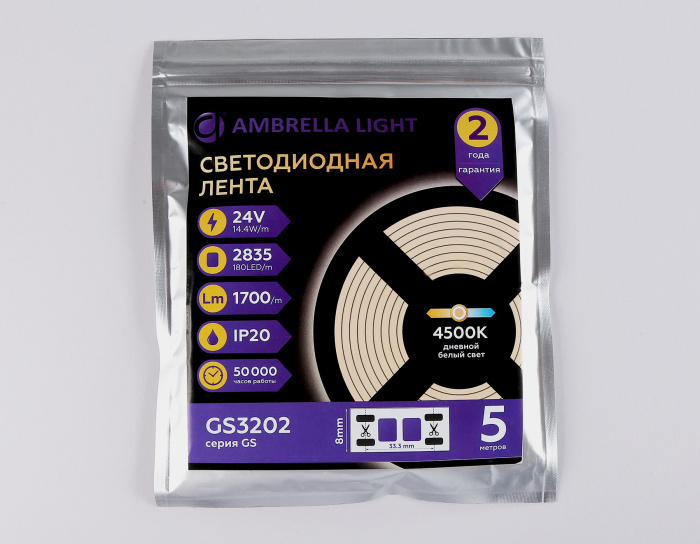 Светодиодная лента Ambrella Light GS3202 2835 180Led /14.4W m/ 24V IP20 4500K 5m Ambrella light GS3202