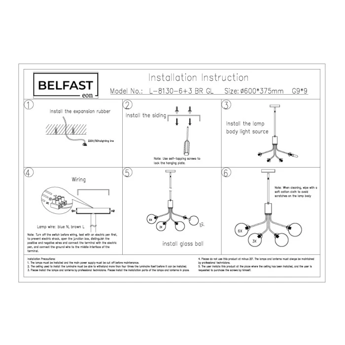 Люстра на штанге Belfast Bryson L-8130-6+3 BR GL