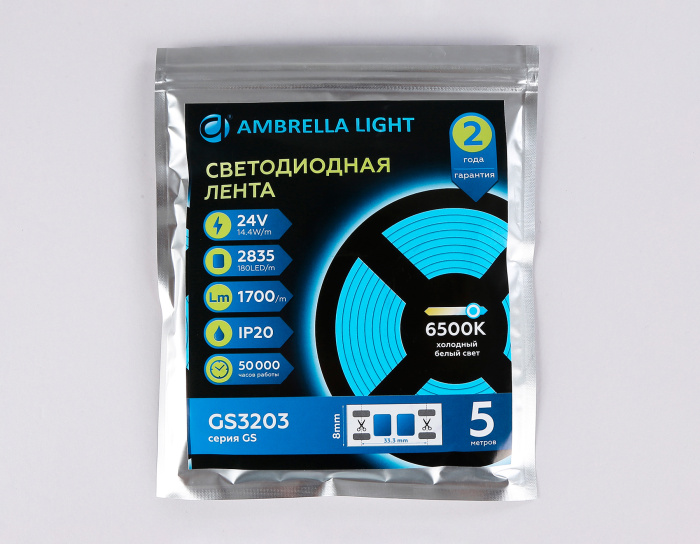 Светодиодная лента Ambrella Light GS3203 2835 180Led /14.4W m/ 24V IP20 6500K 5m Ambrella light GS3203