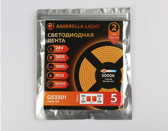 Светодиодная лента Ambrella Light GS3301 2835 240Led /18W m/ 24V IP20 3000K 5m Ambrella light GS3301