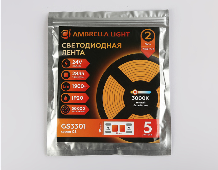 Светодиодная лента Ambrella Light GS3301 2835 240Led /18W m/ 24V IP20 3000K 5m Ambrella light GS3301