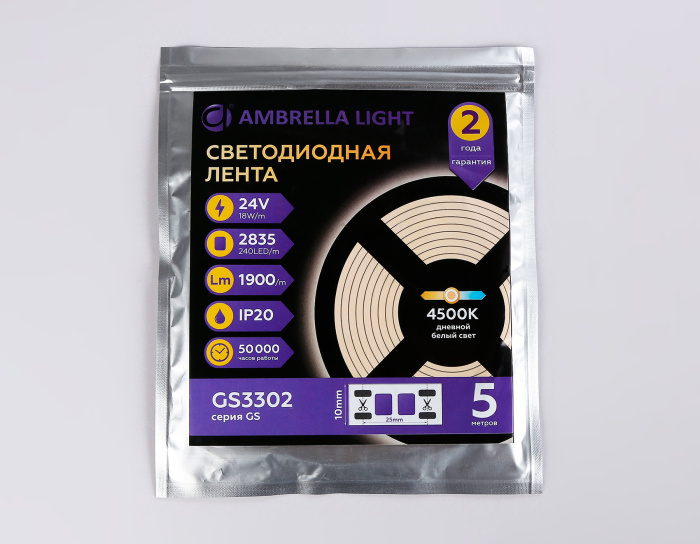 Светодиодная лента Ambrella Light GS3302 2835 240Led /18W m/ 24V IP20 4500K 5m Ambrella light GS3302