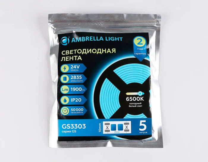 Светодиодная лента Ambrella Light GS3303 2835 240Led /18W m/ 24V IP20 6500K 5m Ambrella light GS3303