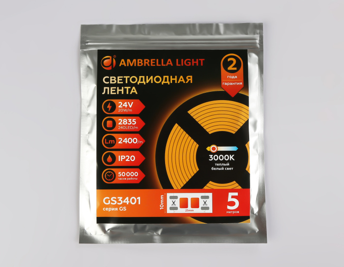 Светодиодная лента Ambrella Light GS3401 2835 240Led /20W m/ 24V IP20 3000K 5m Ambrella light GS3401