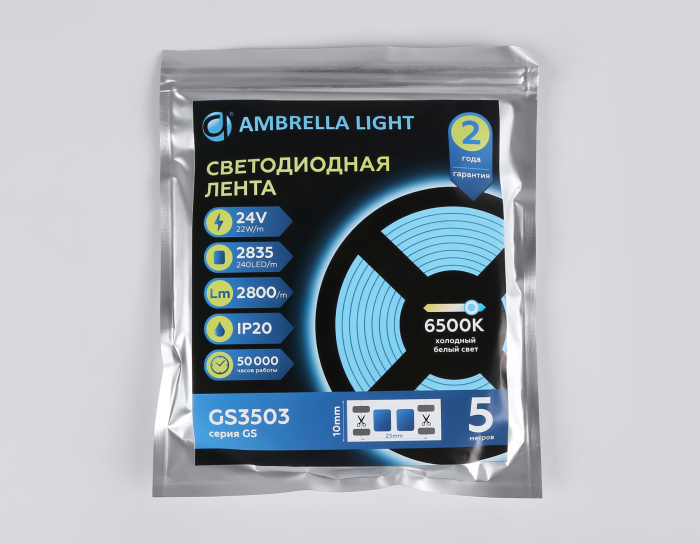 Светодиодная лента Ambrella Light GS3503 2835 240Led /22W m/ 24V IP20 6500K 5m Ambrella light GS3503
