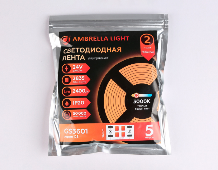 Светодиодная лента двухрядная Ambrella Light GS3601 2835 204Led /20W m/ 24V IP20 3000K 5m Ambrella light GS3601