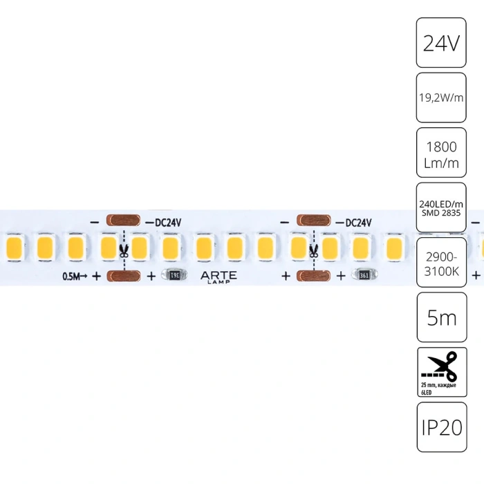 Светодиодная лента 24V 19,2W/m 3000К 5м Arte Lamp TAPE A2424010-01-3K