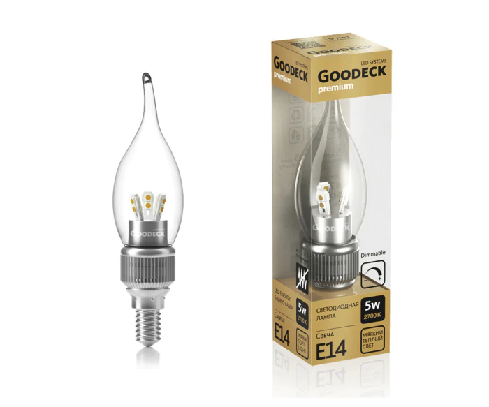 Лампа диммируемая E14 5W (LED 2700K) Свеча на ветру 230В Kink Light 1005011105D/GL