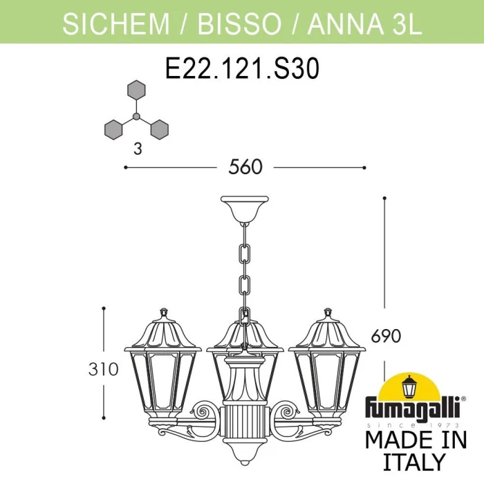 Уличный подвесной светильник Fumagalli SICHEM/ANNA 3L E22.120.S30.BYE27