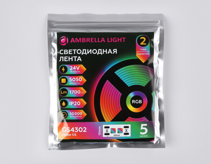 Светодиодная лента RGB Ambrella Light GS4302 5050 60Led /14.4W m/ 24V IP20 RGB 5m Ambrella light GS4302