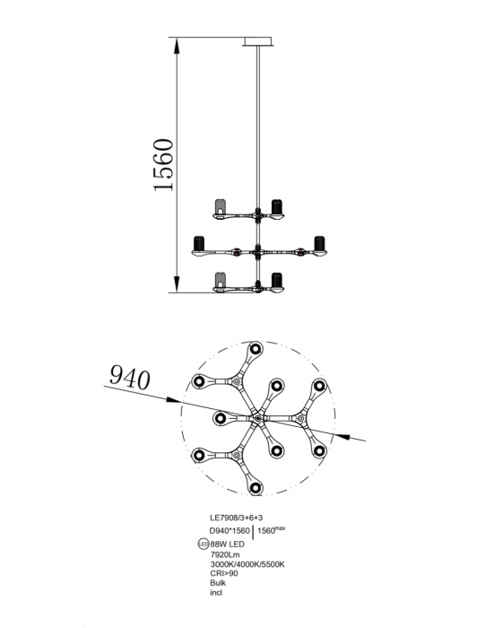 Люстра на штанге Leon Barbara LE7908/3+6+3 Gold
