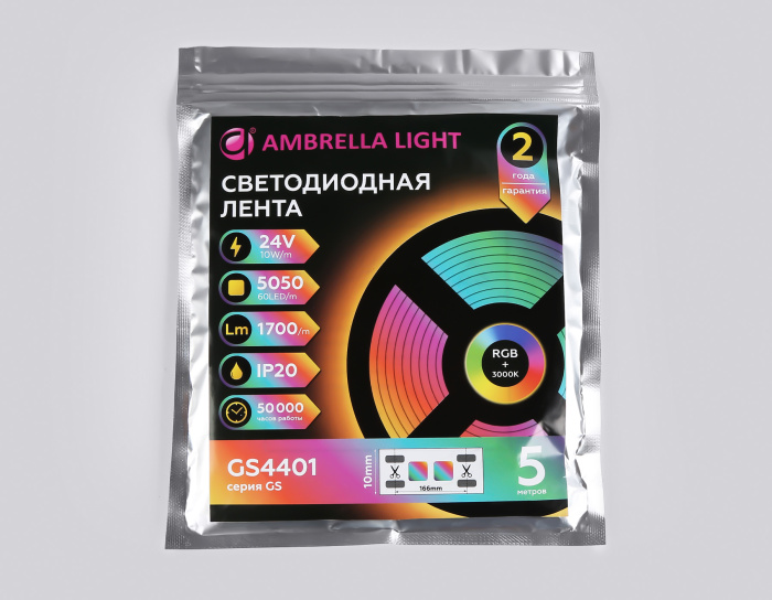 Светодиодная лента RGB с теплым белым светом GS4401 5050 60Led /10W m/ 24V IP20 RGBW+3000K 5m Ambrella light GS4401