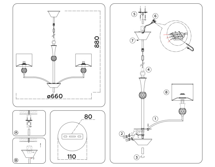 Подвесная люстра с абажурами и хрусталем Ambrella light LH71121