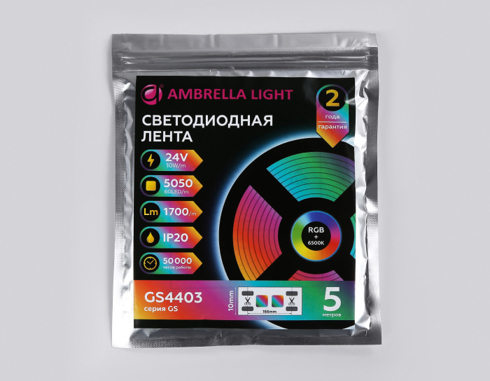 Светодиодная лента RGB с холодным белым светом GS4403 5050 60Led /10W m/ 24V IP20 RGBW+6500K 5m Ambrella light GS4403