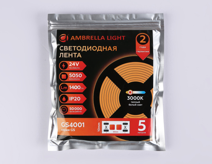Светодиодная лента Ambrella Light GS4001 5050 60Led /14.4W m/ 24V IP20 3000K 5m Ambrella light GS4001