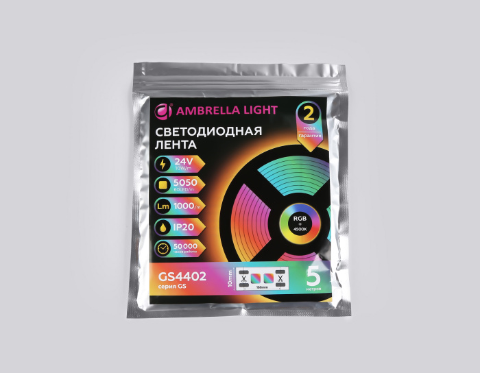 Светодиодная лента RGB с дневным белым светом GS4402 5050 60Led /10W m/ 24V IP20 RGBW+4500K 5m Ambrella light GS4402
