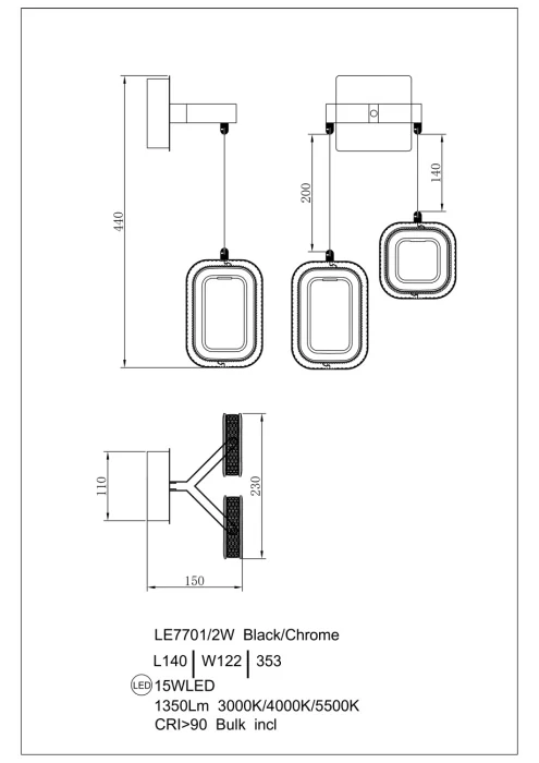 Бра Leon Theona LE7701/2W Grey/Black Chrome