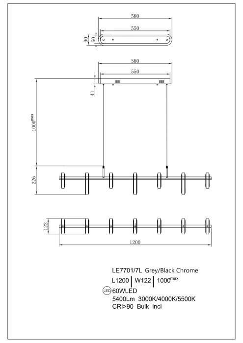 Подвесной светильник Leon Theona LE7701/7L Grey/Black Chrome